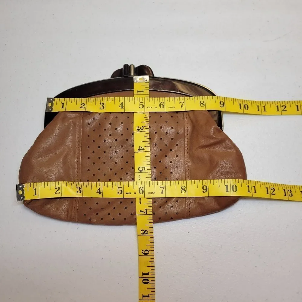 John Wind 70s Vintage Brown Perforated Leather Clutch Framed Kisslock Kiss Lock